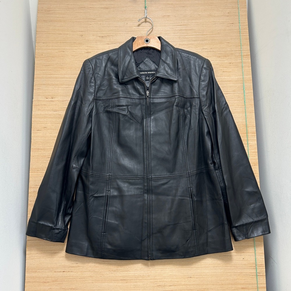 Valerie Stevens Black Leather Zip Front Collared Jacket Womens Large L 7525